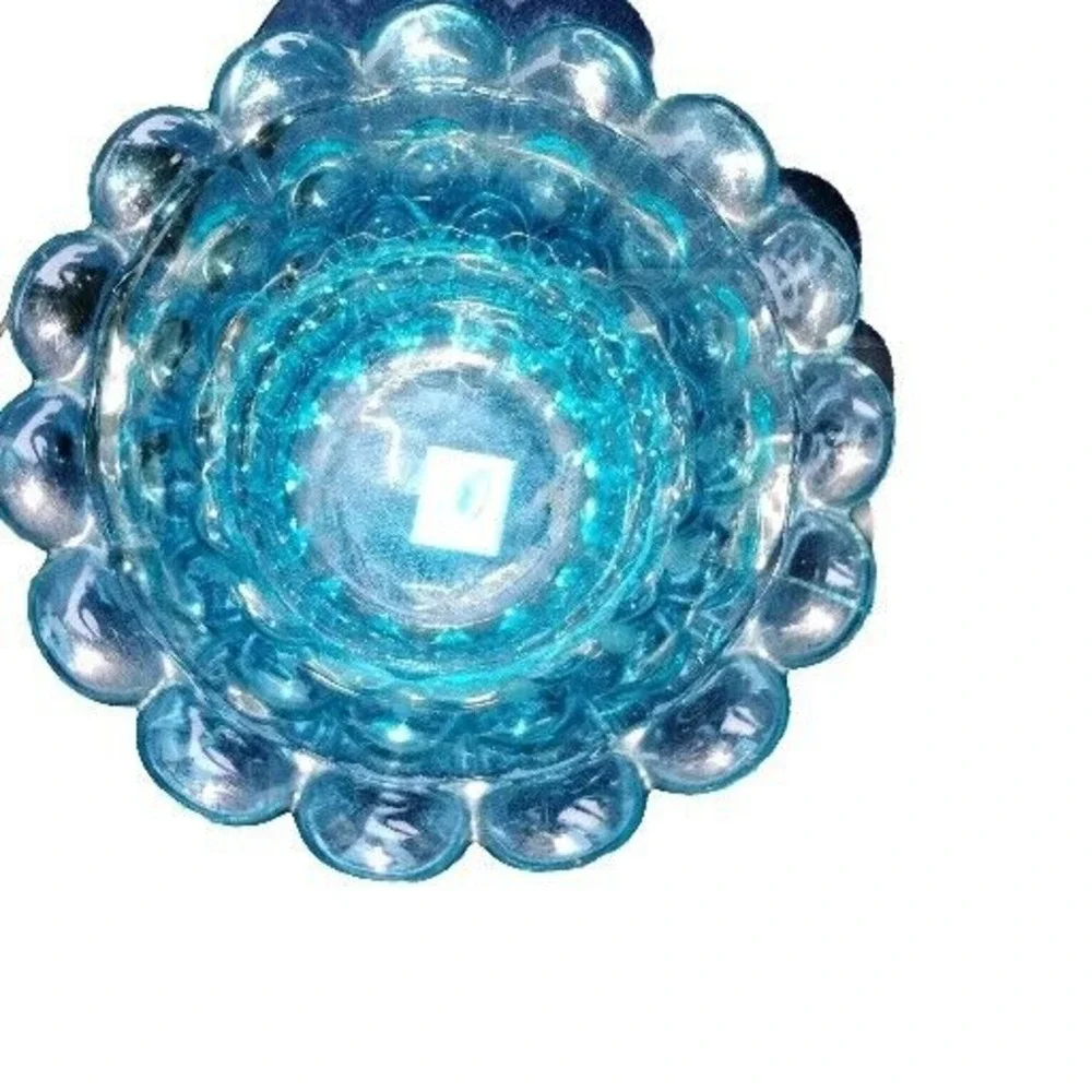 Votive Candleholder Glass‎ Basket Shaped Peacock Blue Glass Beaded Scalloped